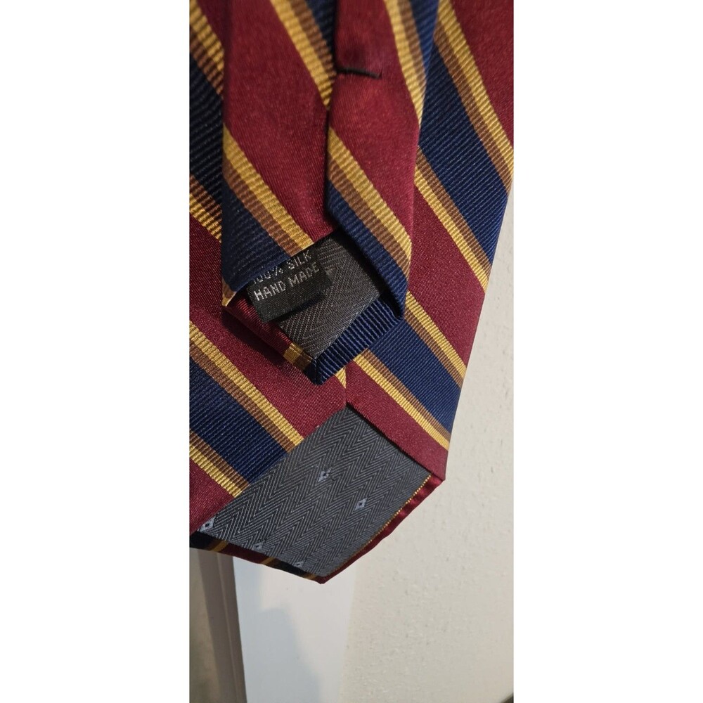 Bruno Martelli Men’s 100% Silk Necktie Burgundy Navy Gold Striped